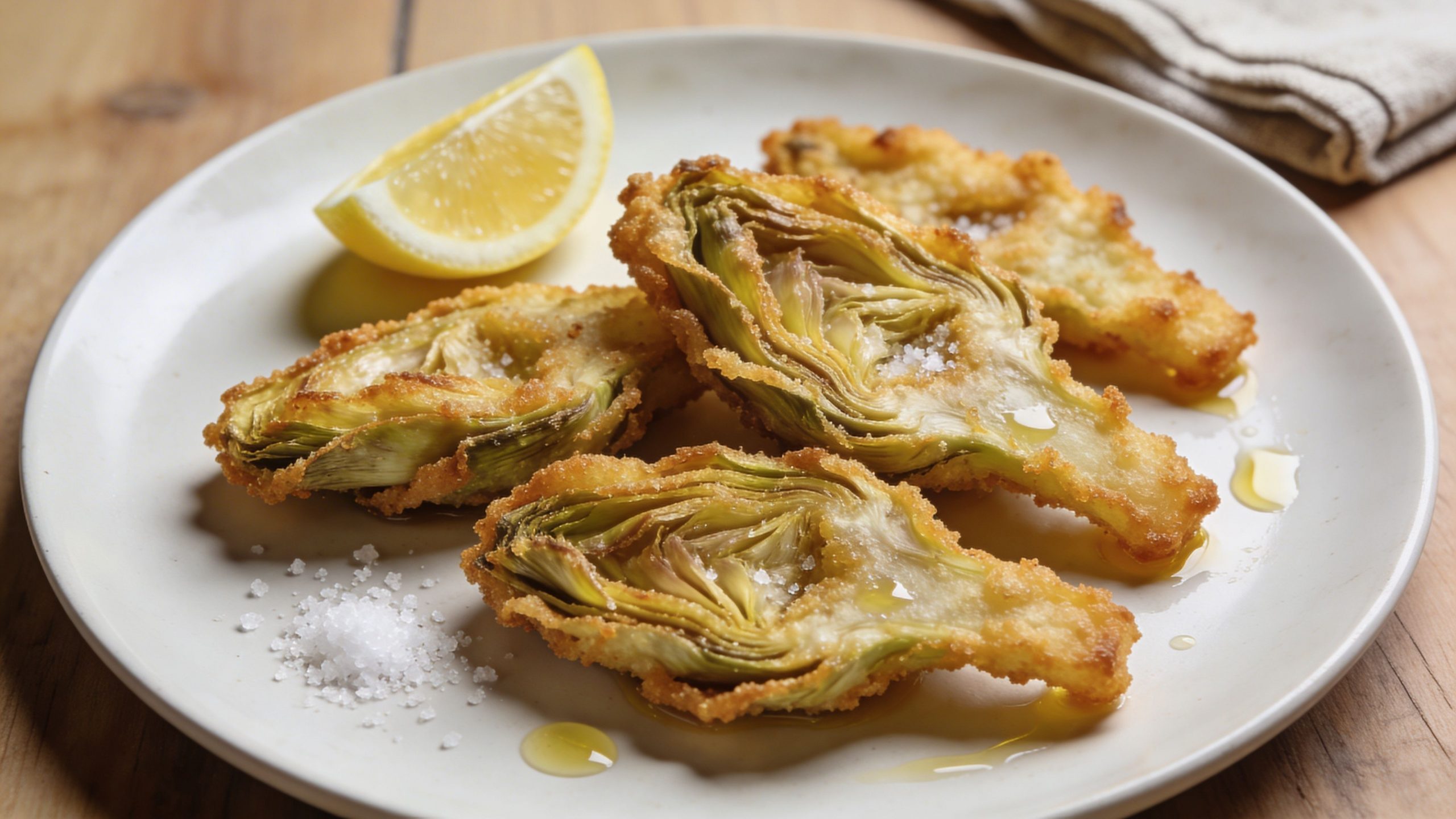 Alcachofas fritas crujientes servidas en un plato blanco con rodaja de limón y una pizca de sal.