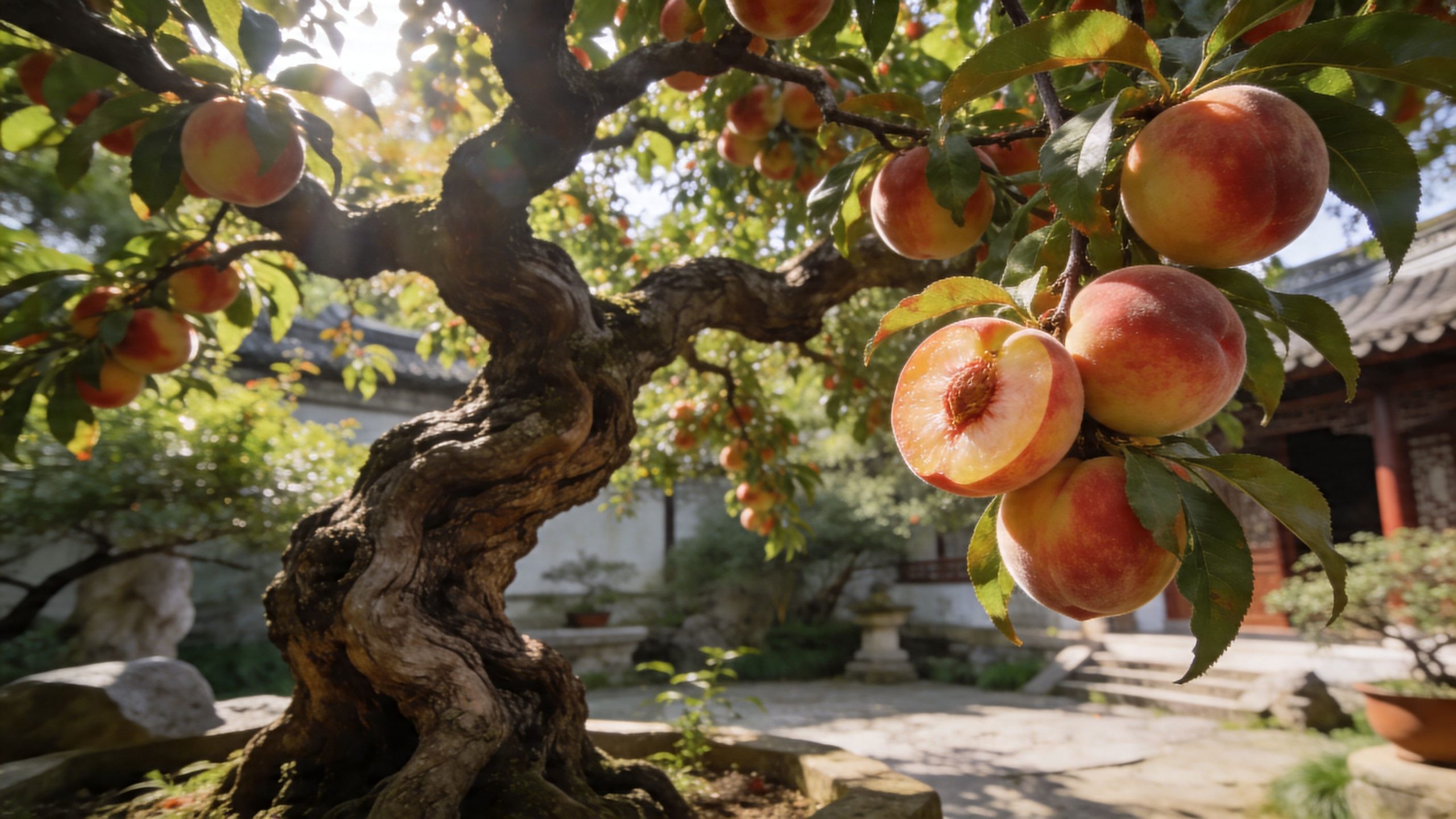 Árbol de nectarinas con frutos maduros y uno cortado a la mitad en un jardín tradicional chino.